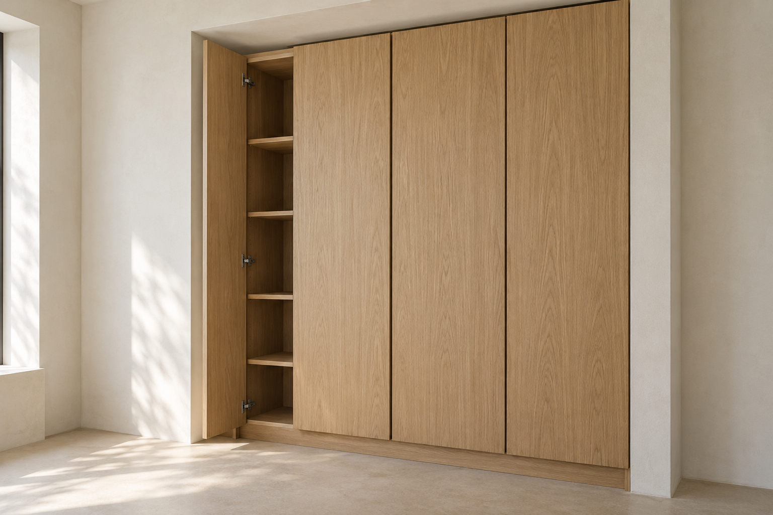 Generated concept: an oak cabinet fitted into a plaster alcove, with one door open to show its edge