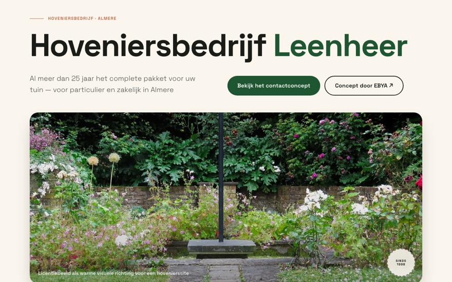 Hoveniersbedrijf Leenheer landing page — warm editorial layout